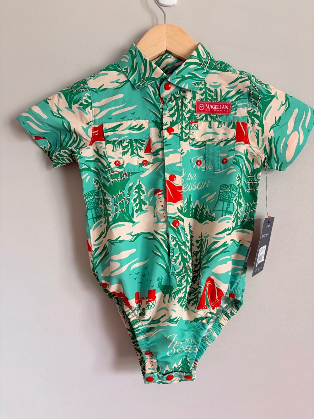 Magellan Outdoors Kids Green and Cream Holiday Print Swim One-Piece NWT